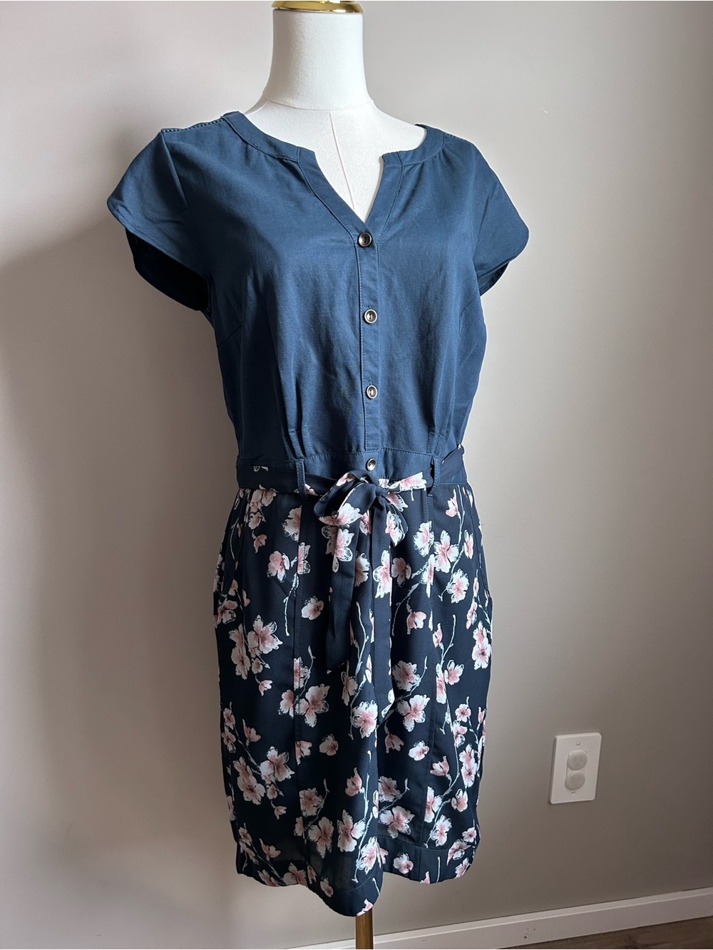 Navy Floral Tie-Waist Midi Dress summer country prairie cowgirl western flower